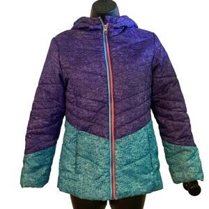 Girls sz large purple/teal, pink liner, Swiss Alps warm jacket. Removable hood.